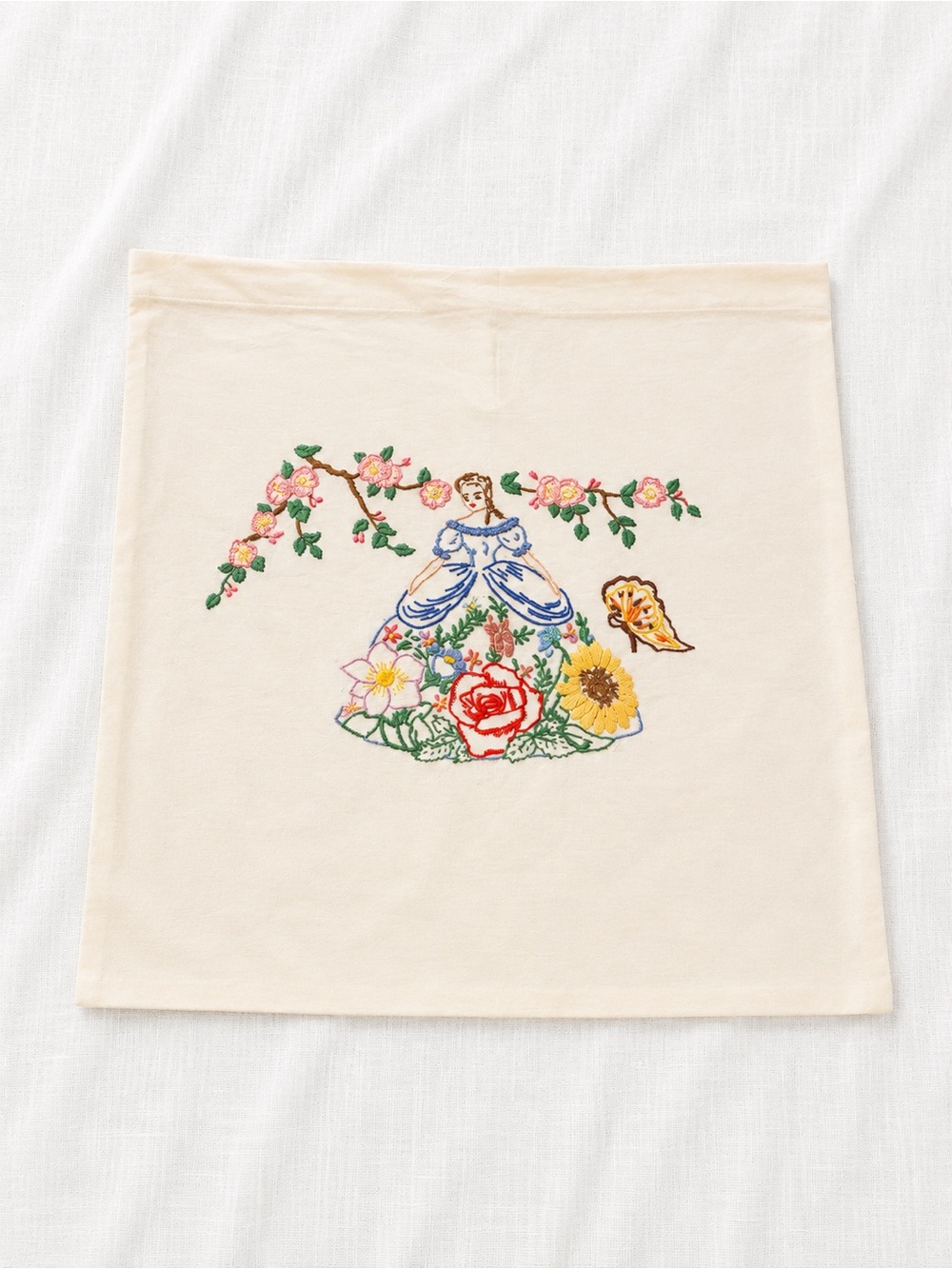 Vintage Hand Embroidered Lady & Floral Pillow Cover 17x17 Cottagecore